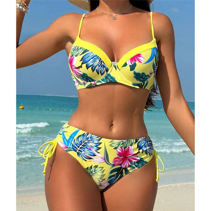 Floral Printed Underwired Mid Waist Bikini Female Swimsuit Women Swimwear Two-pieces Bikini set Bather Bathing Suit Swim K6456