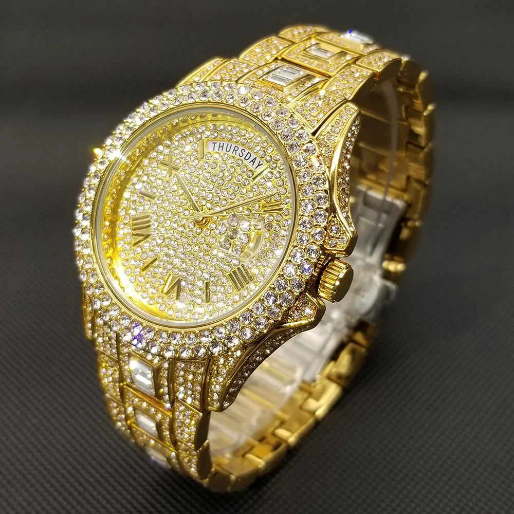 TikTok Hot Diamond Wristwatch For Men Luxury 18K Gold Plated Quartz Watches Day Date Nightclub Party Watch Unisex Rapper Jewelry