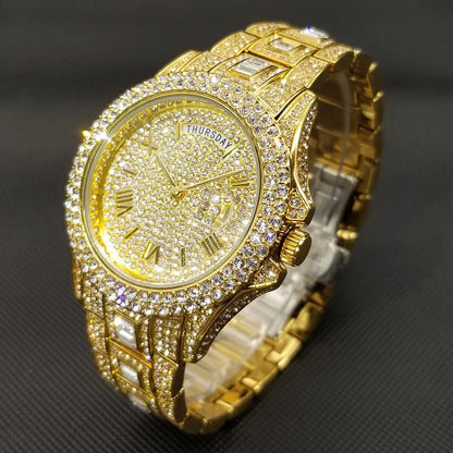 TikTok Hot Diamond Wristwatch For Men Luxury 18K Gold Plated Quartz Watches Day Date Nightclub Party Watch Unisex Rapper Jewelry
