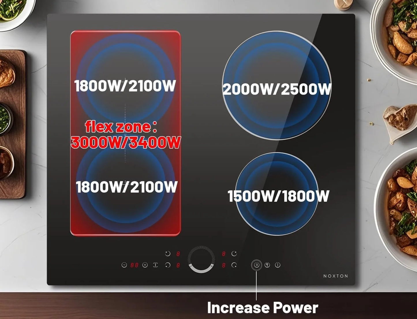 NOXTON 24Inch Induction Hob, 4 Burners with Flex Zone, Power Boost, Pause, 9 Power Levels, Safety Lock, 7200W, 240V Hard wired
