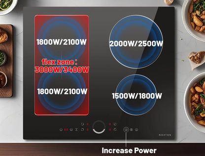 NOXTON 24Inch Induction Hob, 4 Burners with Flex Zone, Power Boost, Pause, 9 Power Levels, Safety Lock, 7200W, 240V Hard wired