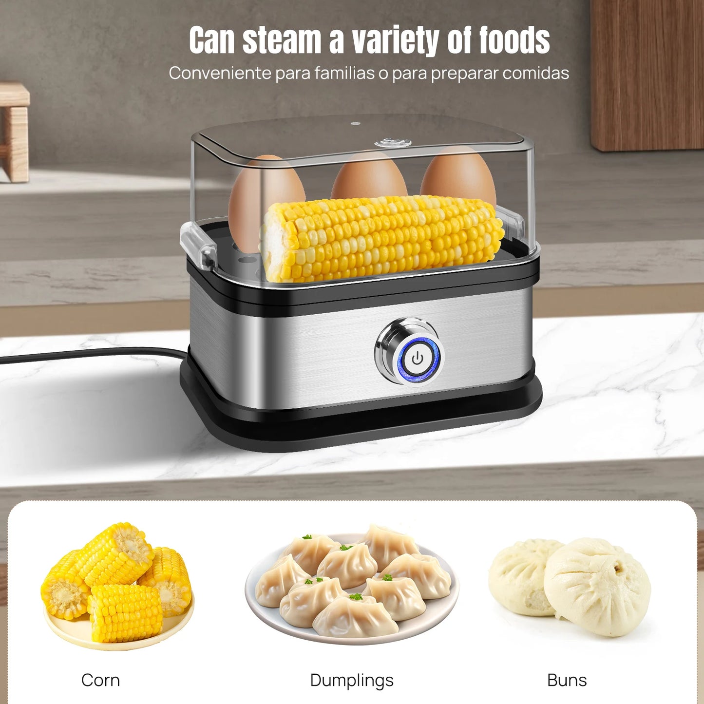 DayPlus Egg Boiler, 6 Eggs Capacity Cooker for Soft,Multi-use Space Saving Food Steamer for Corn, Vegetable, Dumplings