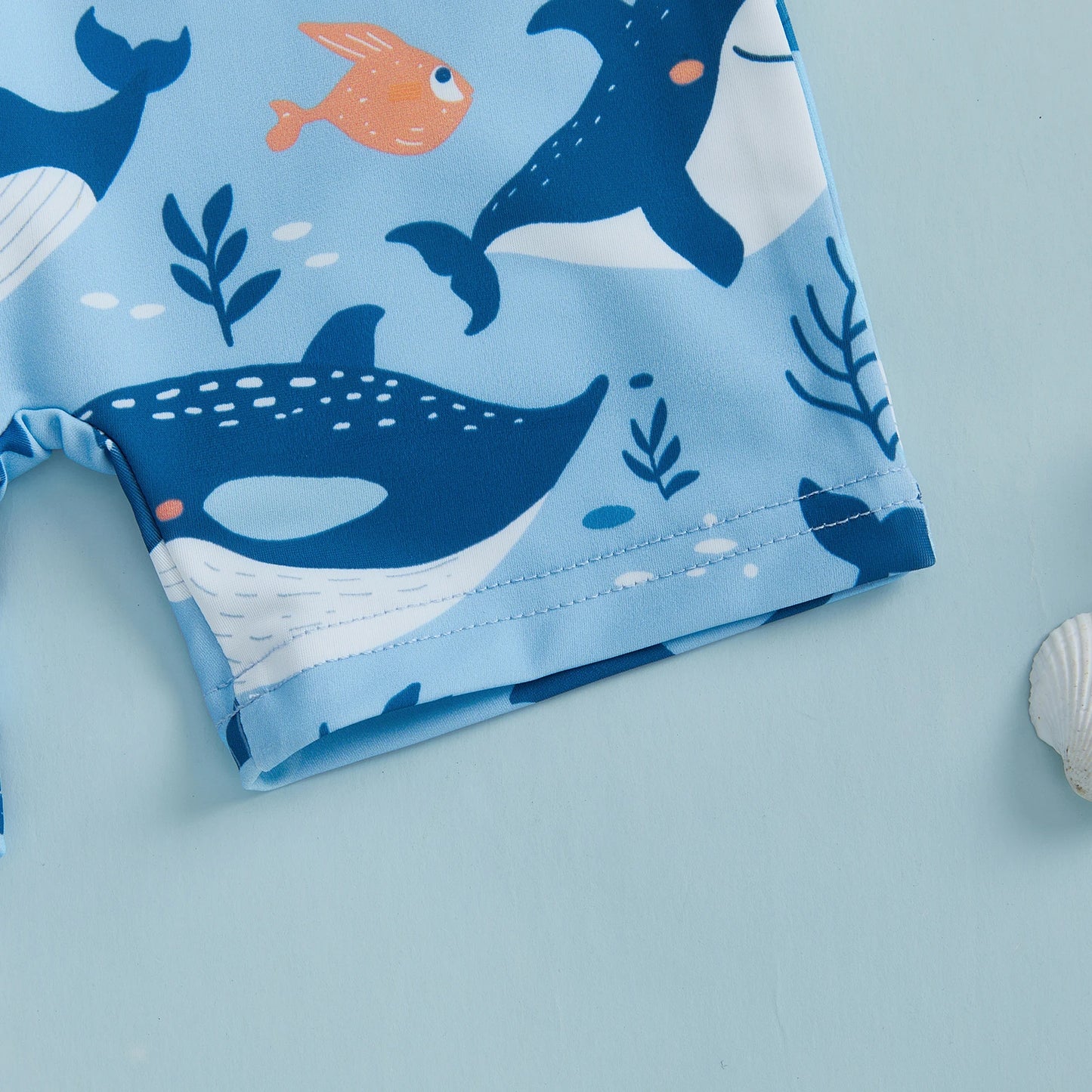 Cartoon Whale Print Children Boy Rash Guard Swimsuit with Hat Summer New Zip Up Long Sleeve Crew Neck Kids Swimwears Beachwear