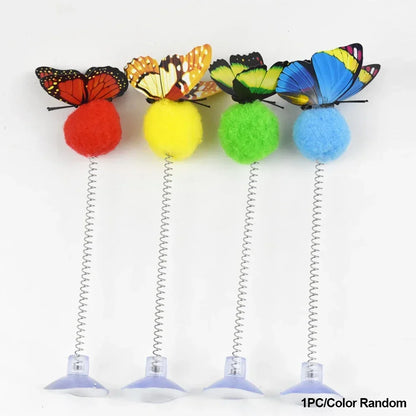 1pc Feather Spring Cat Interactive Toy Suction Cup Cat Fur Ball Teaser Wand Toys Cat Scratcher Toys Pet Supplies Random Color