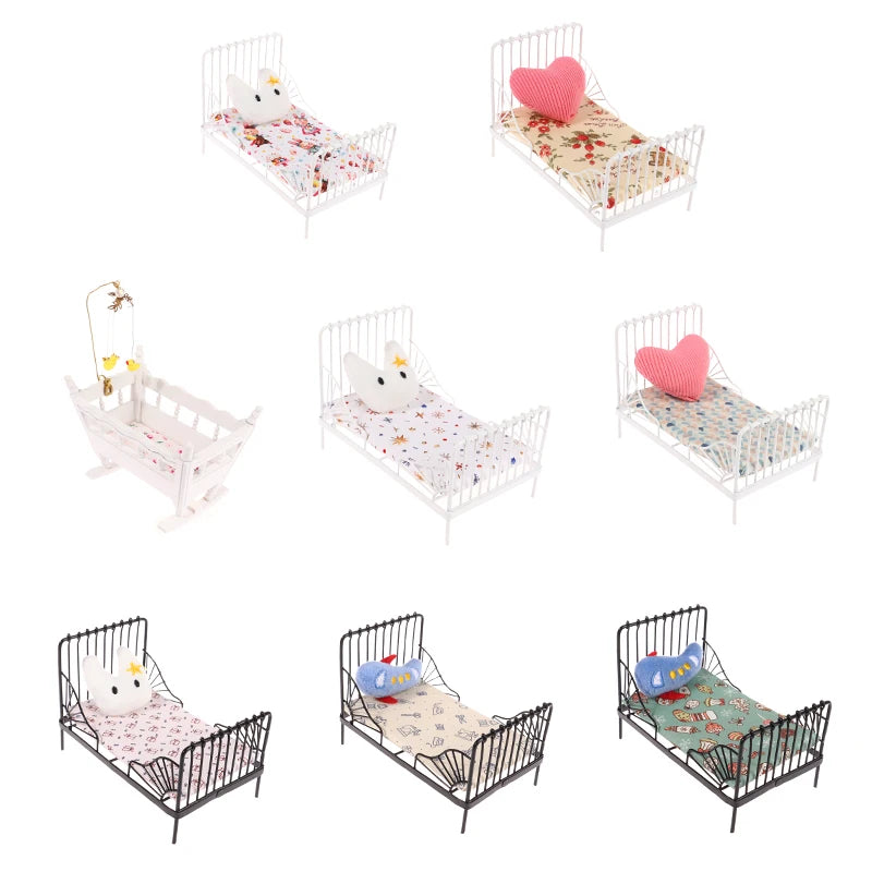 1:12 miniature bed for dolls Dollhouse Iron doll bed Furniture toy children simulation house role play toys collection gifts