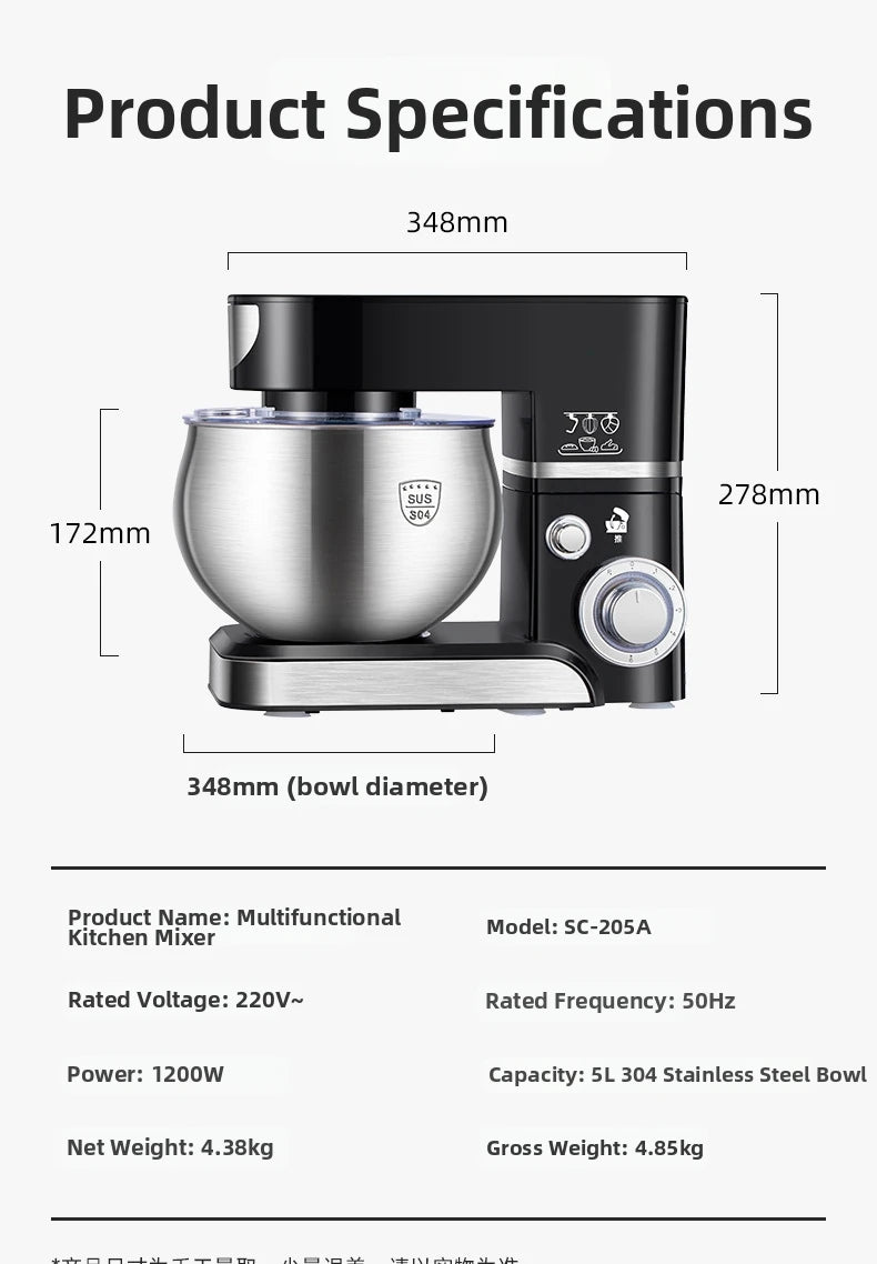 5L Stand Mixer – 3-in-1 Multifunctional Kitchen Machine with Dough Hook, Beater & Whisk,1000W Powerful Motor for Baking/Cooking