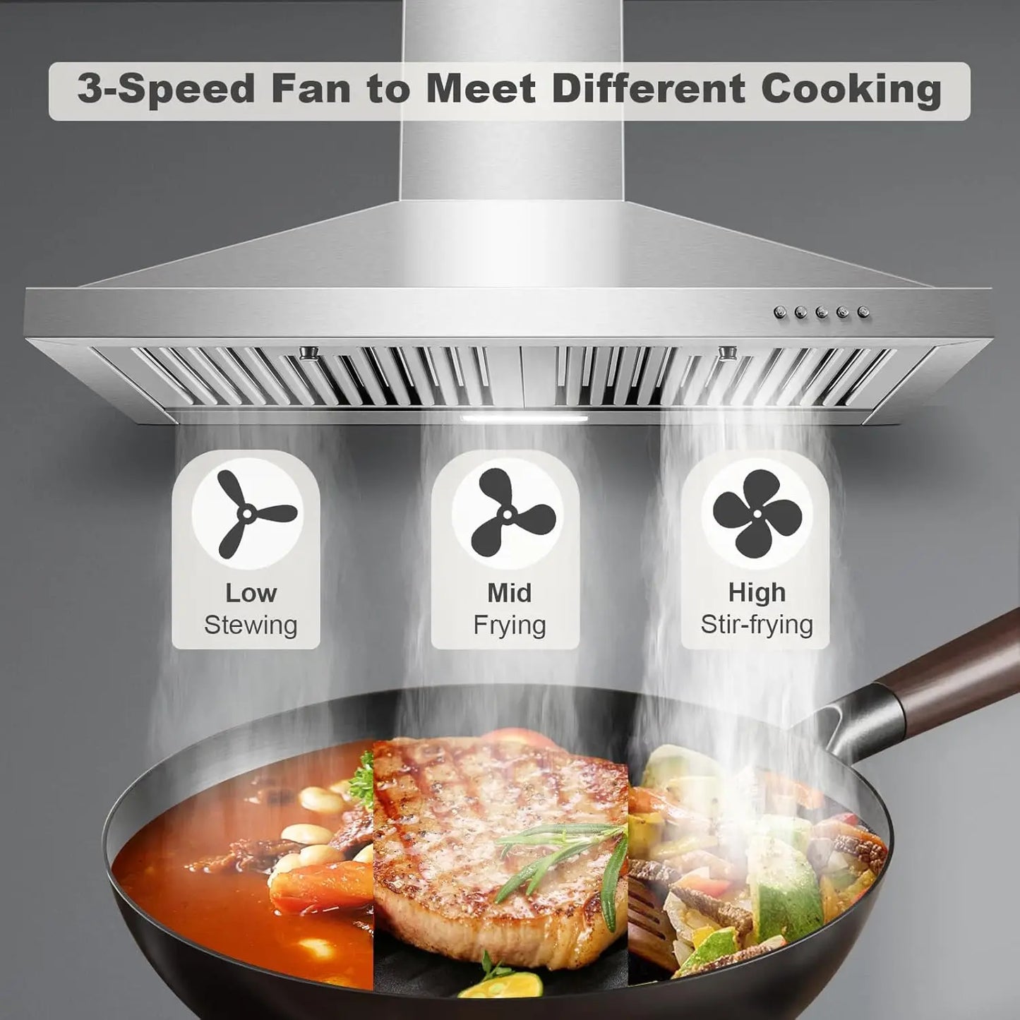 30-inch Wall Mount 450CFM - Stainless Steel Kitchen Vent Hood, Ultra Quiet 55dB, Ducted/Ductless Convertible, 3-Speed Range Hood