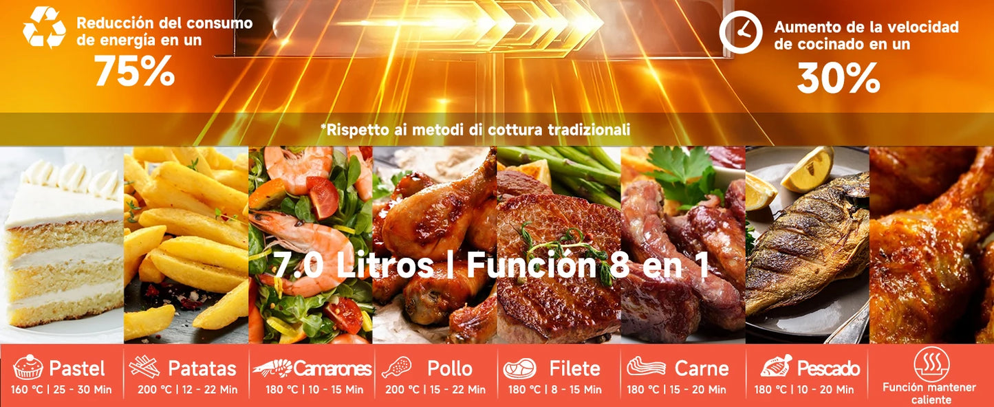 7L Oil-Free Air Fryer, Led Touch Screen, 8 Functions, Removable Non-Stick Basket, Recipe Book Included, 1900