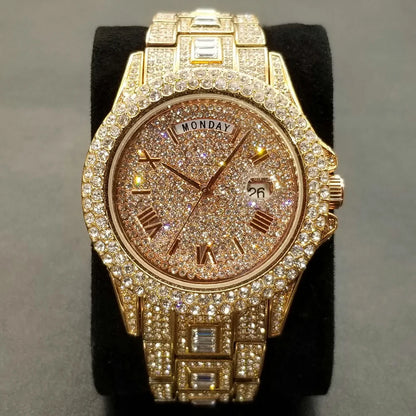 TikTok Hot Diamond Wristwatch For Men Luxury 18K Gold Plated Quartz Watches Day Date Nightclub Party Watch Unisex Rapper Jewelry