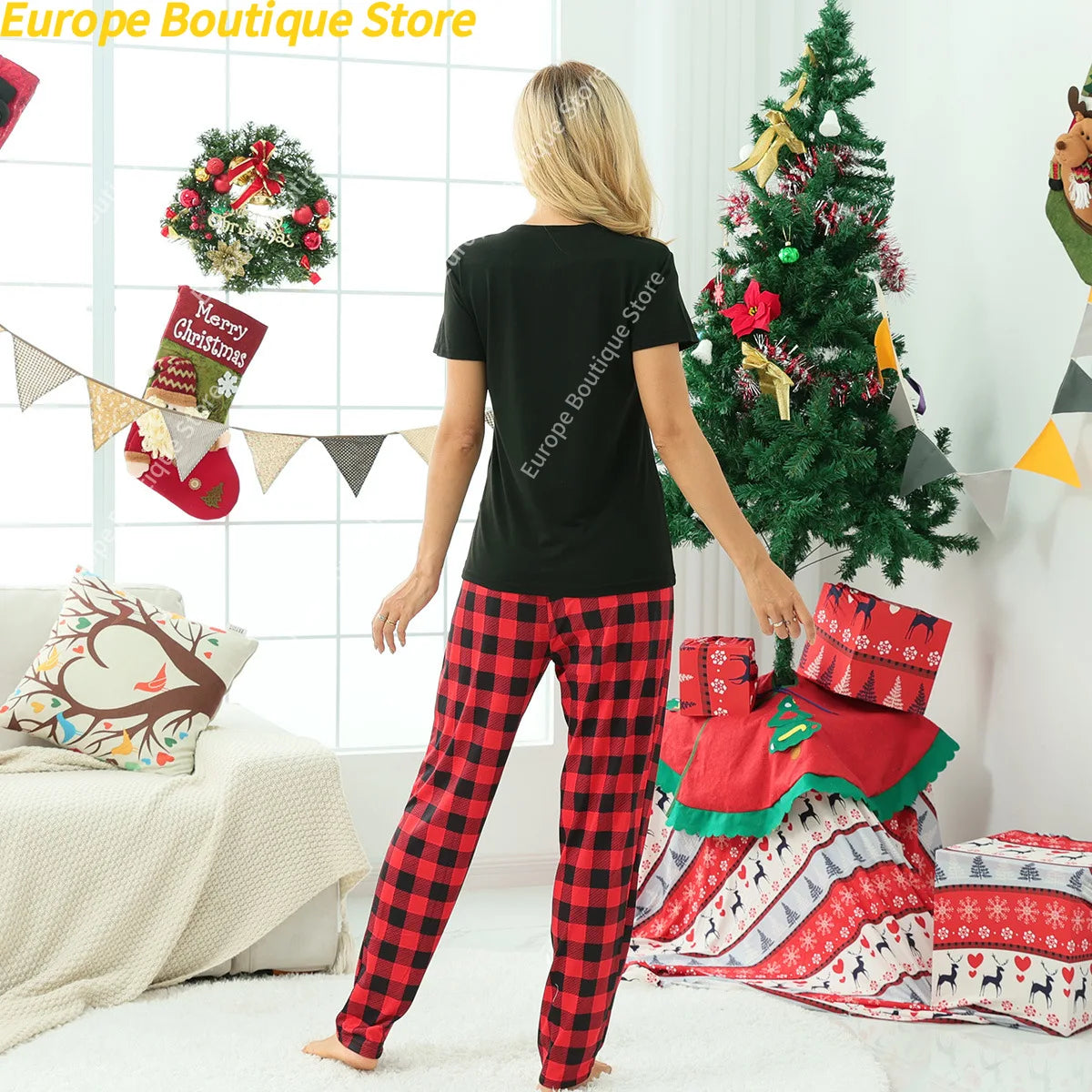 2025 New Year's Costume Short Sleeve Christmas Pajamas Set Matching Outfits for Family/Couples/Kids T-shirt+Trousers Sleepwear