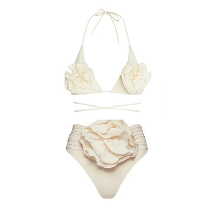 2026 New Sexy White 3D Flower Solid Two Piece Push Up Bikini Set Luxury Swimwear Women Swimsuit Beachwear Summer Bathing Suit