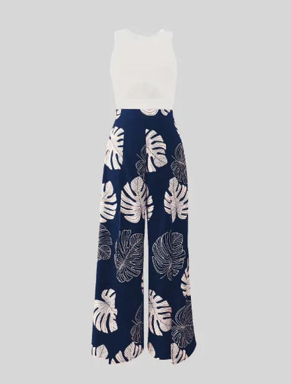 Summer Suit Women Solid Cut-out Tank Top & Tropical Print Split Wide Leg Pants Set