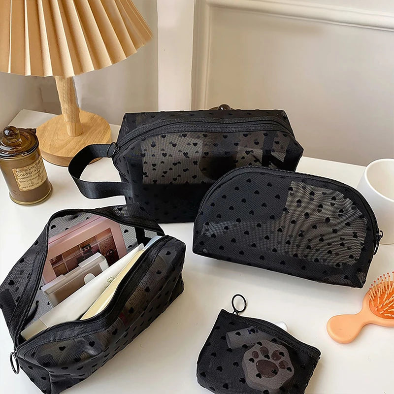 Heart Transparent Mesh Makeup Bag Multifunction Portable Women Cosmetic Storage Pouch Ladies Toiletry Lipstick Organizer Bags