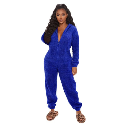 Womens Winter Warm Onesie Pajamas Fuzzy Fleece Zipper Up Bear Ear Hooded Romper Jumpsuits Sleepwear Loungewear