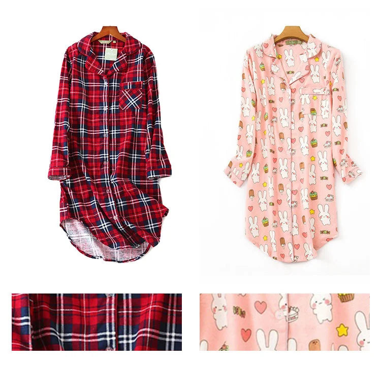 Nightgown 100% Brushed Cotton Nightshirts Women's Sleepwear Long Sleeve Plaid Winter Oversize Sleep Dress Women Home Clothes