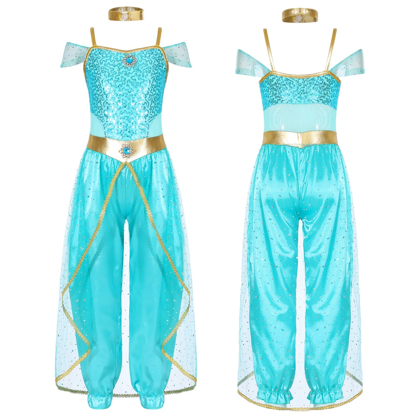 Shiny Sequin Gem Girls Halloween Jasmines Costume Kids Arabian Princess Cosplay Fancy Jumpsuit with Choker for Dance Performance
