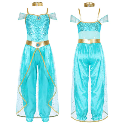 Shiny Sequin Gem Girls Halloween Jasmines Costume Kids Arabian Princess Cosplay Fancy Jumpsuit with Choker for Dance Performance
