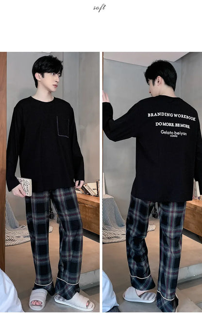 Spring Autumn Plus 4XL Knitted Men's Sleepwear Letter Lattice Pajamas Plaid Pajamas Sets Casual Loungewear Pyjamas Night Fashion