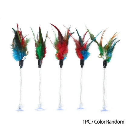 1pc Feather Spring Cat Interactive Toy Suction Cup Cat Fur Ball Teaser Wand Toys Cat Scratcher Toys Pet Supplies Random Color