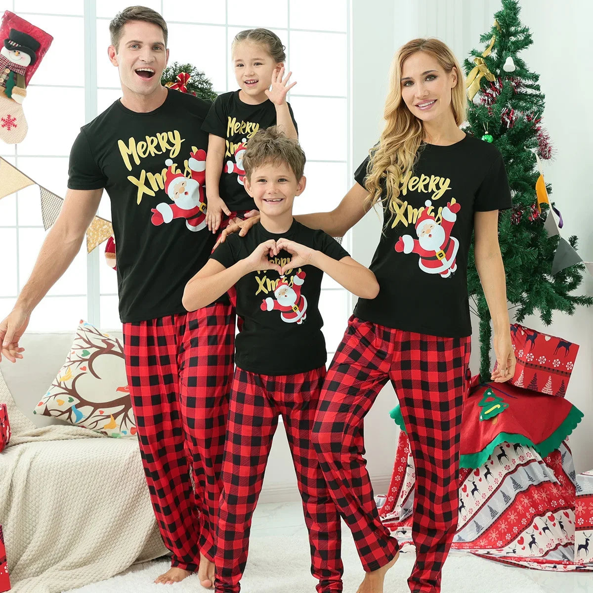 2025 New Year's Costume Short Sleeve Christmas Pajamas Set Matching Outfits for Family/Couples/Kids T-shirt+Trousers Sleepwear