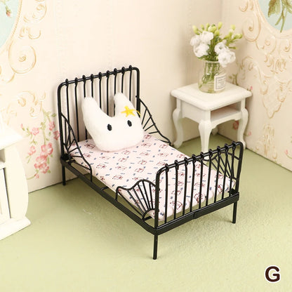 1:12 miniature bed for dolls Dollhouse Iron doll bed Furniture toy children simulation house role play toys collection gifts