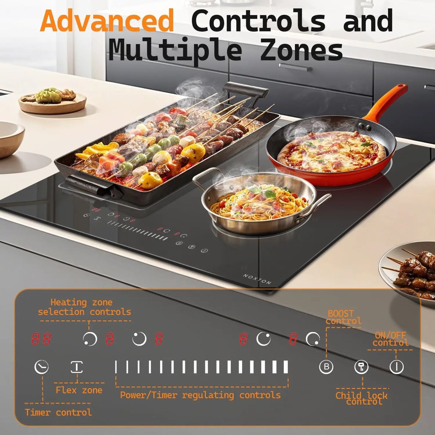 NOXTON 24Inch Induction Hob, 4 Burners with Flex Zone, Power Boost, Pause, 9 Power Levels, Safety Lock, 7200W, 240V Hard wired