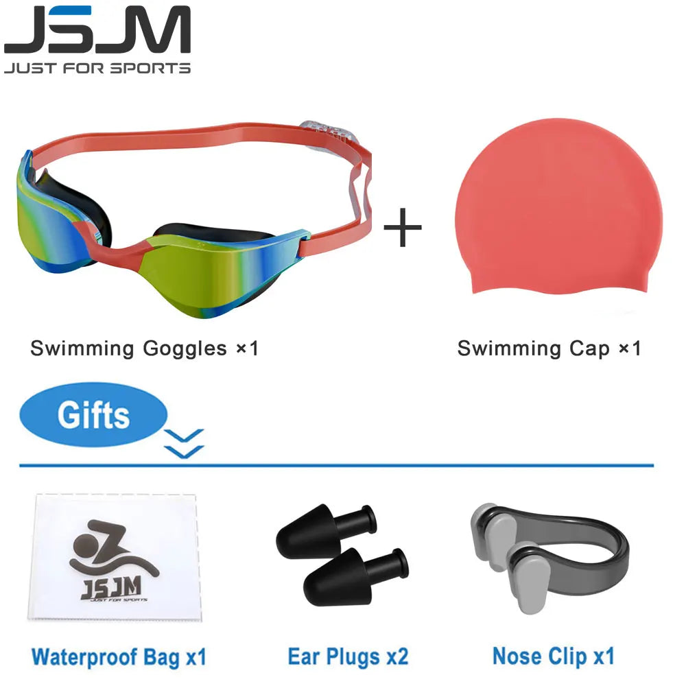 JSJM New Professional Swimming Goggles for Adults HD Anti-Fog Waterproof Silicone Swim Cap + Swim Glasses for Men & Women Gifts