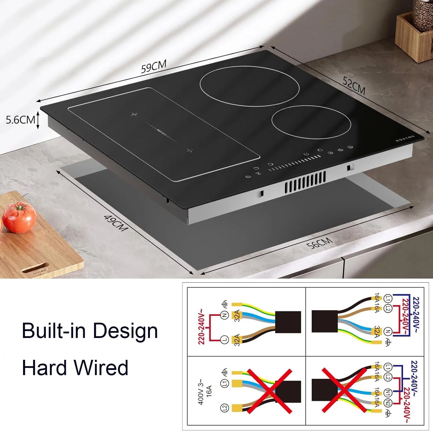NOXTON 24Inch Induction Hob, 4 Burners with Flex Zone, Power Boost, Pause, 9 Power Levels, Safety Lock, 7200W, 240V Hard wired
