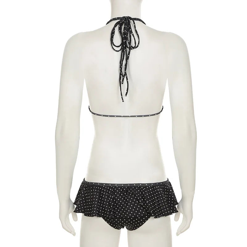 2025 Summer Vacation Beach 2 Piece Set Women Sexy Polka Dots Print Lace Up Halter Bra + Ruffles Micro Mini Skirts Swimsuit