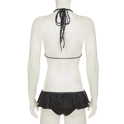 2025 Summer Vacation Beach 2 Piece Set Women Sexy Polka Dots Print Lace Up Halter Bra + Ruffles Micro Mini Skirts Swimsuit