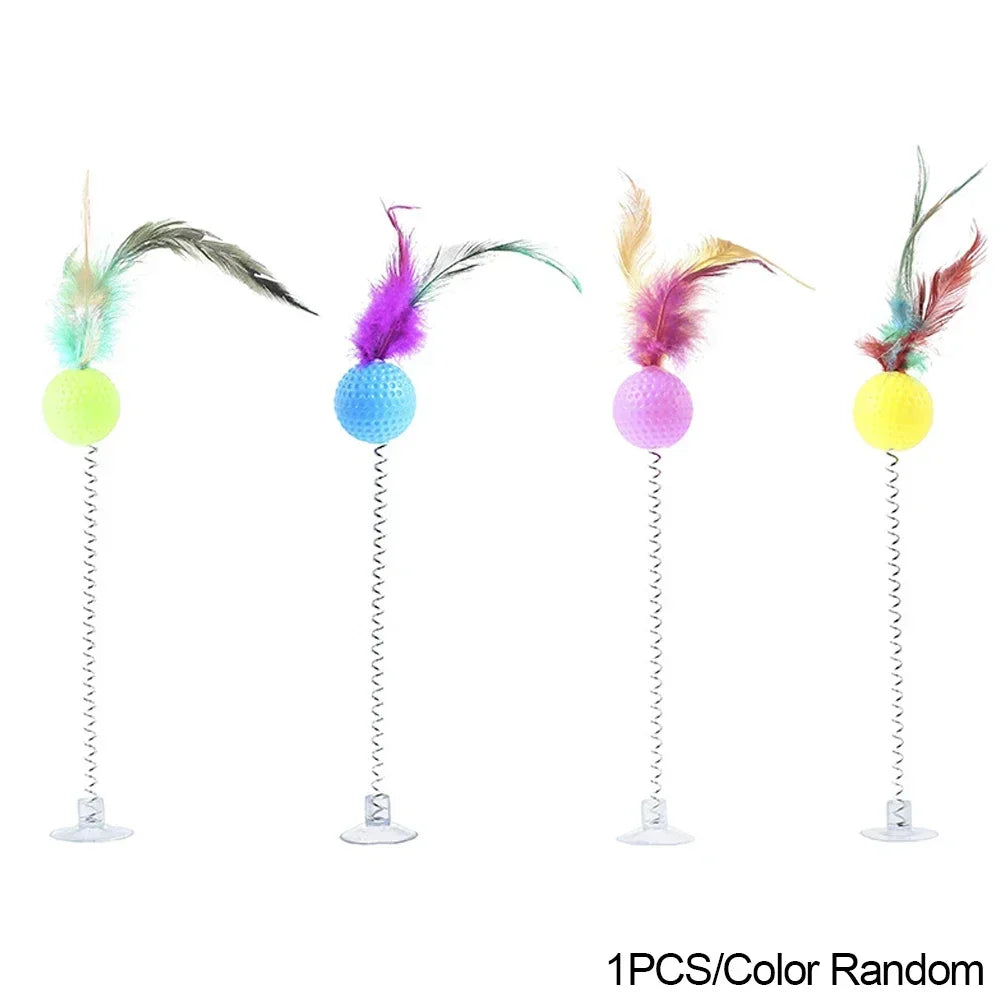 1pc Feather Spring Cat Interactive Toy Suction Cup Cat Fur Ball Teaser Wand Toys Cat Scratcher Toys Pet Supplies Random Color