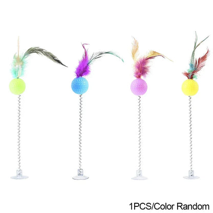 1pc Feather Spring Cat Interactive Toy Suction Cup Cat Fur Ball Teaser Wand Toys Cat Scratcher Toys Pet Supplies Random Color