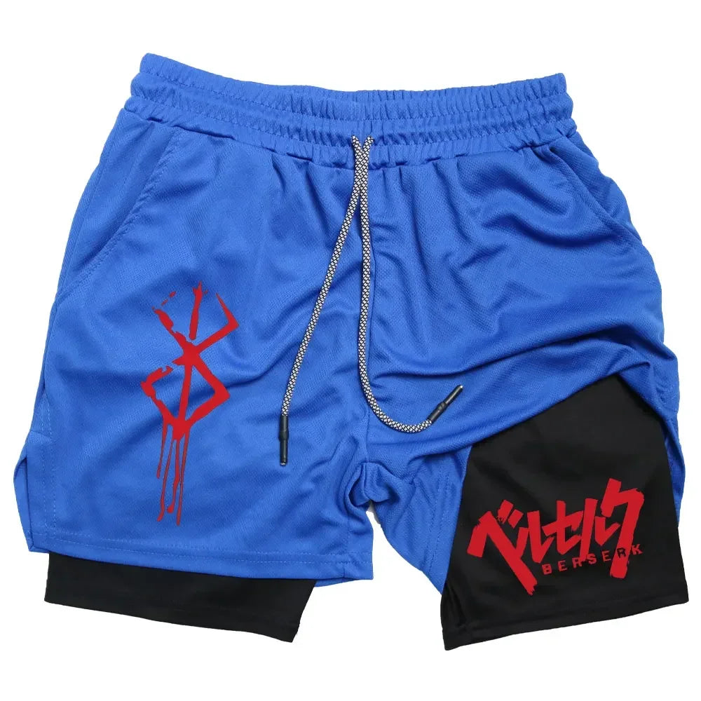 Anime Berserk 2 in 1 Gym Shorts for Men Active Athletic Compression Shorts 5 Inch Quick Dry Stretchy Training Fitness Workout