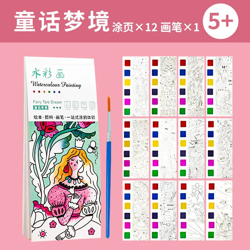 Kids Portable Watercolor Painting Book 12 Sheets Gouache Graffiti Picture 1 Pen Coloring Water Drawing Books Set Kids Toys Gifts