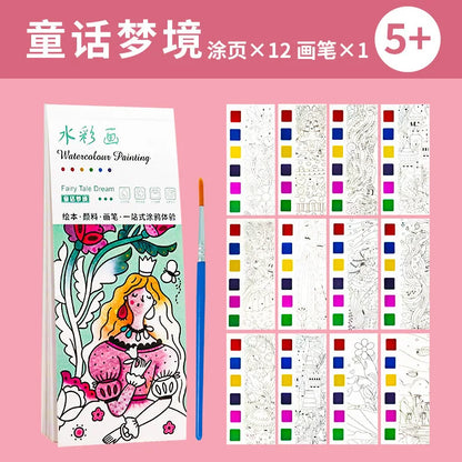 Kids Portable Watercolor Painting Book 12 Sheets Gouache Graffiti Picture 1 Pen Coloring Water Drawing Books Set Kids Toys Gifts