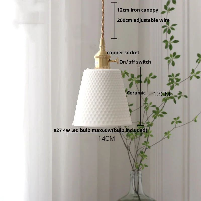 IWHD White Ceramic LED Pendant Lamp Bedroom Study Balcony Wire Adjustable Copper Socket Nordic Modern Home Decor Hanging Lights