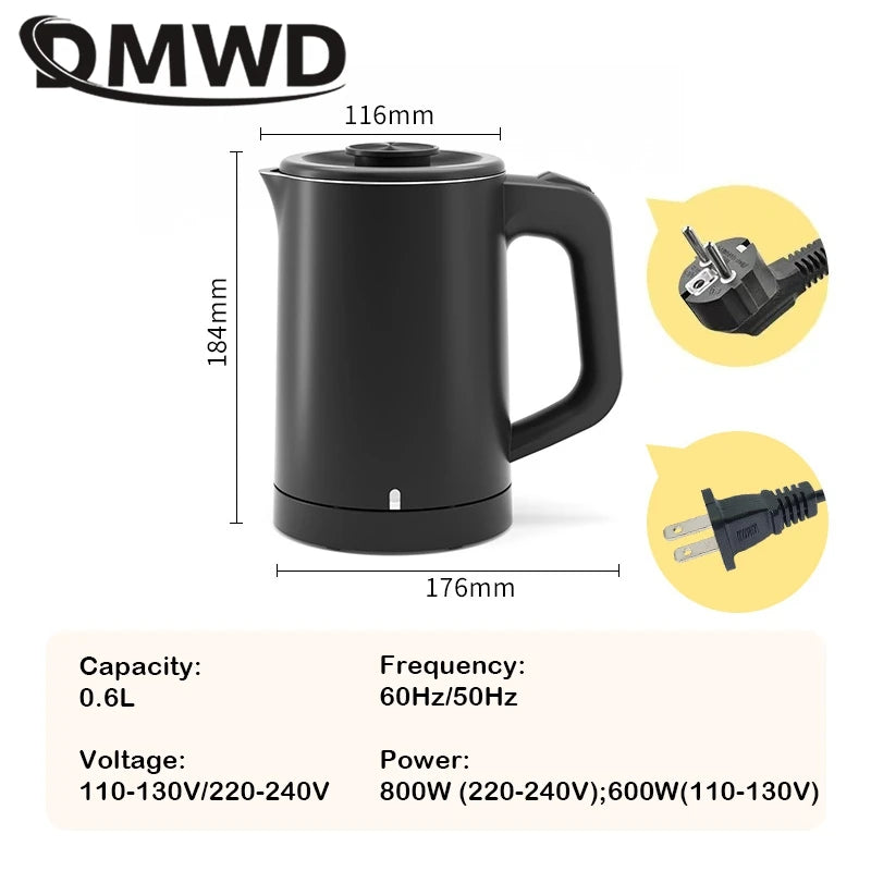110V 220V Electric Kettle 0.6L Seamless 304 Stainless steel liner Fast heating Mini Teapot Water heater Coffee maker for Travel