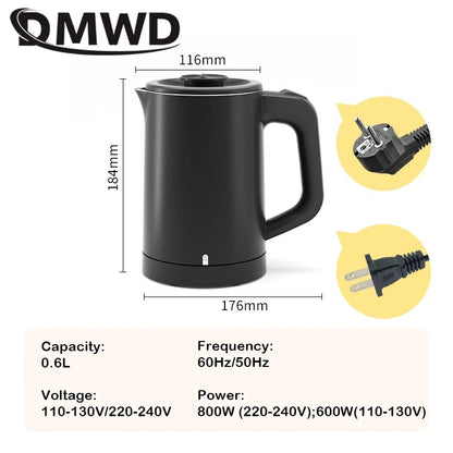 110V 220V Electric Kettle 0.6L Seamless 304 Stainless steel liner Fast heating Mini Teapot Water heater Coffee maker for Travel