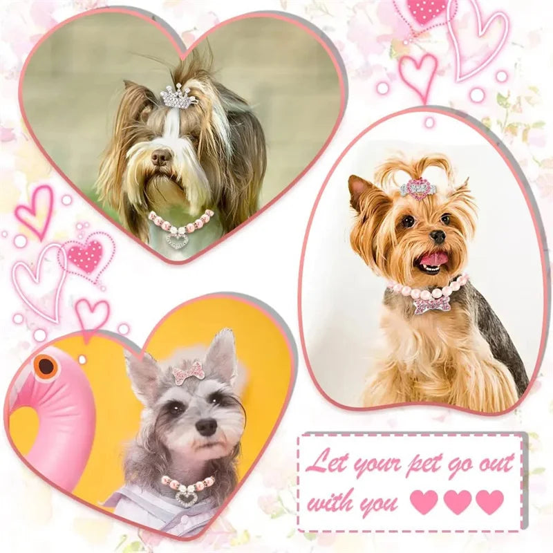 Bling Pearl Dog Collar Small and Medium Dogs Crown Hair Clips Puppy Accessories Doggy Heart and Bone Necklace Pet Supplies