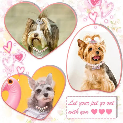 Bling Pearl Dog Collar Small and Medium Dogs Crown Hair Clips Puppy Accessories Doggy Heart and Bone Necklace Pet Supplies