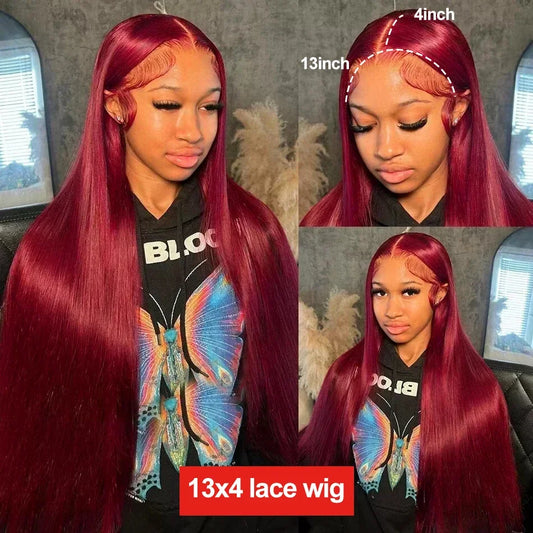 HD Burgundy 99J Straight Lace Frontal Human Hair Wigs 13x4 Transparent Lace Front Wig For Women Brazilian Red Colored Remy Wig