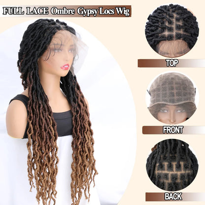 Ombre Faux Locs Wig with Baby Hair Square Part Full Lace Synthetic Braided Lace Front Wig Knotless Braided Wig with Curly Ends