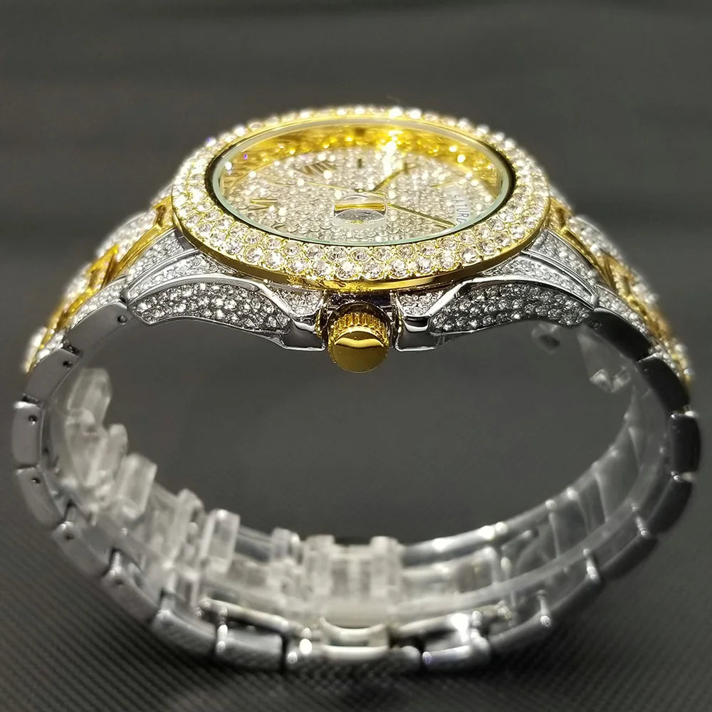 TikTok Hot Diamond Wristwatch For Men Luxury 18K Gold Plated Quartz Watches Day Date Nightclub Party Watch Unisex Rapper Jewelry