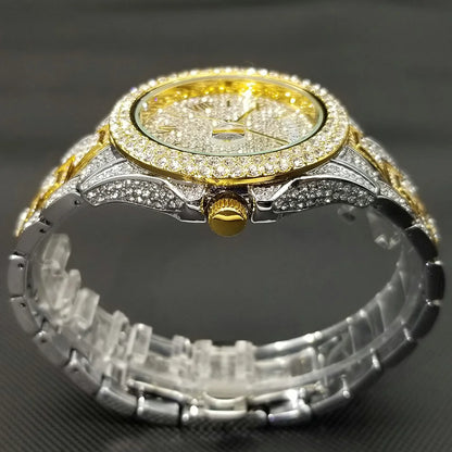 TikTok Hot Diamond Wristwatch For Men Luxury 18K Gold Plated Quartz Watches Day Date Nightclub Party Watch Unisex Rapper Jewelry