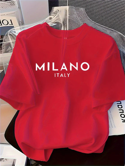 Men's 100% pure cotton fashionable casual loose Italian style Milan letter printed round neck short sleeved T-shirt top