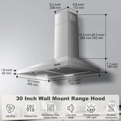 30-inch Wall Mount 450CFM - Stainless Steel Kitchen Vent Hood, Ultra Quiet 55dB, Ducted/Ductless Convertible, 3-Speed Range Hood