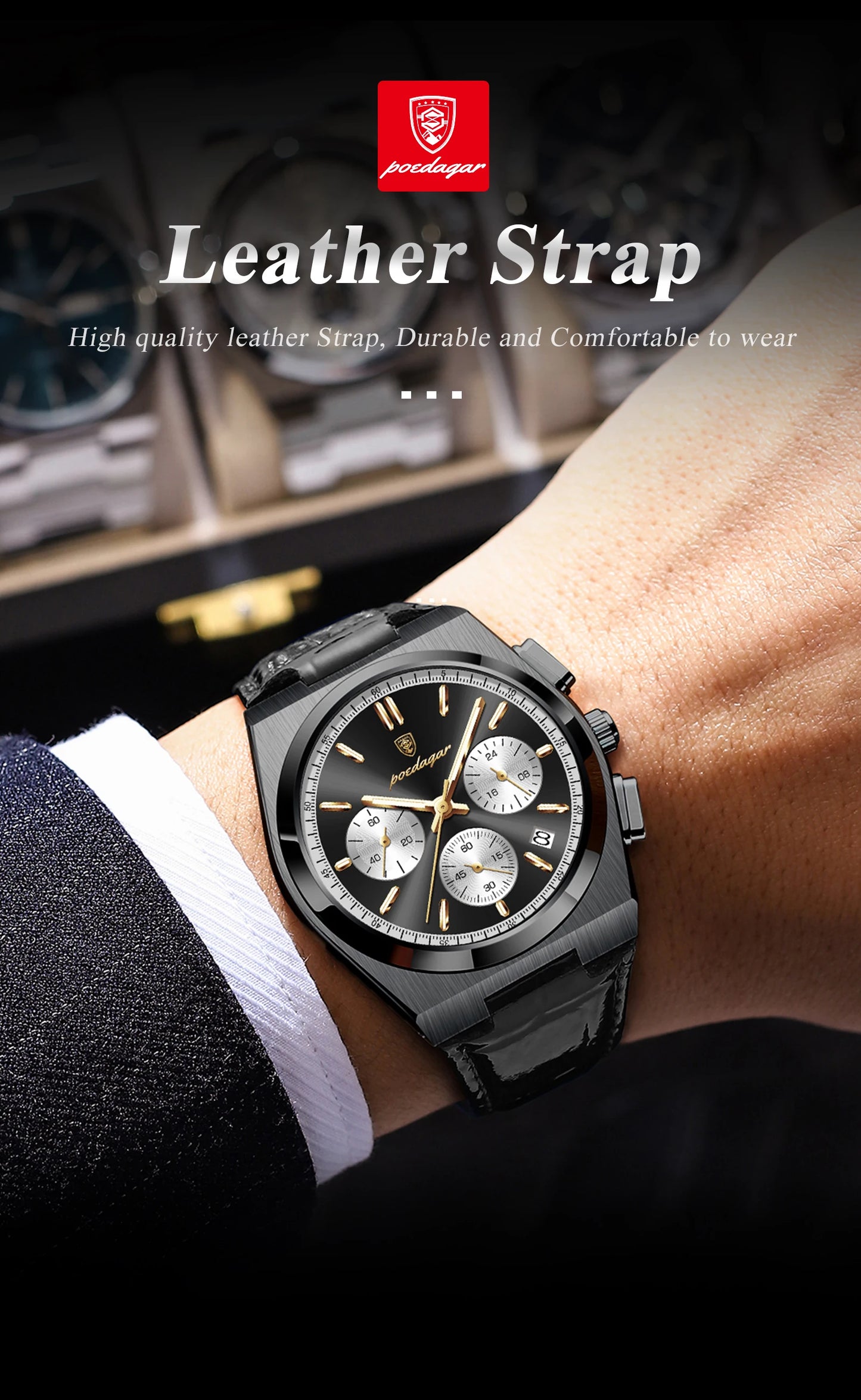 POEDAGAR Business Functional Male Watch Waterproof Luminous Chronograph Date Sports Men Wristwatch Leather Men's Quartz Watches