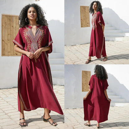 Swimsuit Cover Ups Embroidery V Neck Short Sleeve Swim Cover Up for Women Kaftan Dresses