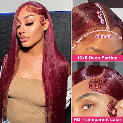 13x4 99j Burgundy Lace Front Wig 13x6 Straight Lace Frontal Wigs HD Transparent Lace Colored Remy Red Human Hair Wigs For Women