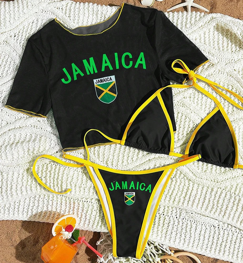 Sexy Thong Bikini 2026 Women Brazilian Flag Print Bikinis Short Sleeve Three-pieces Split Bathing Suit Summer Swimsuit Beachwear